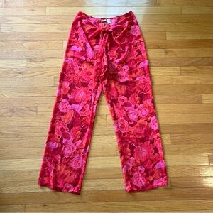 Pink floral sheer pants with tie front waist